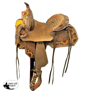 10" Double T  Youth Hard Seat Barrel style saddle with Cheetah Seat and sunflower painted accents.