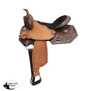 16" Double T  barrel style saddle with amber colored rhinestones and floral tooling.