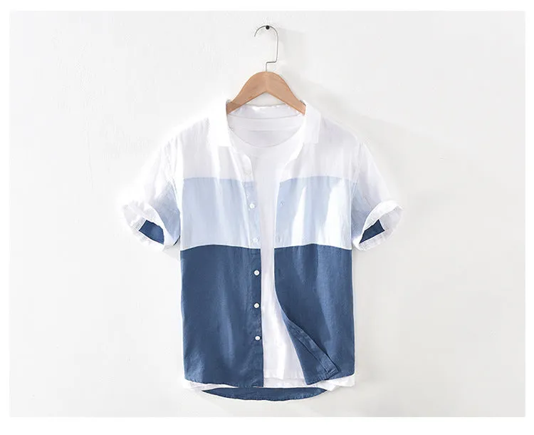 1728 Men Summer Fashion Japan Simple Harakuju High Quality 100% Linen Fabric Gradient Patchwork Short Sleeve Casual Slim Shirts