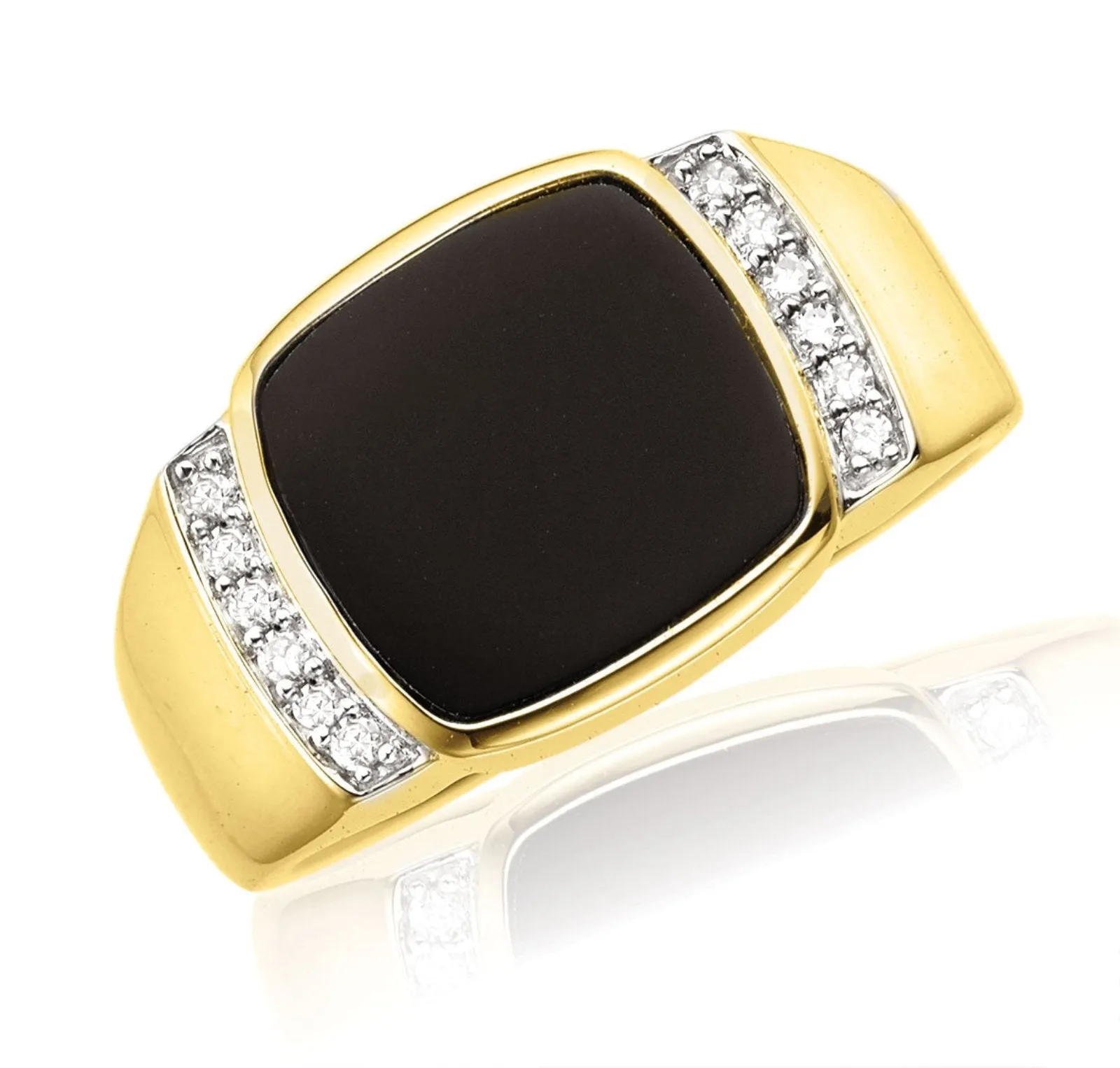 9ct Yellow Gold Diamond Set & Onyx Square Mens Ring