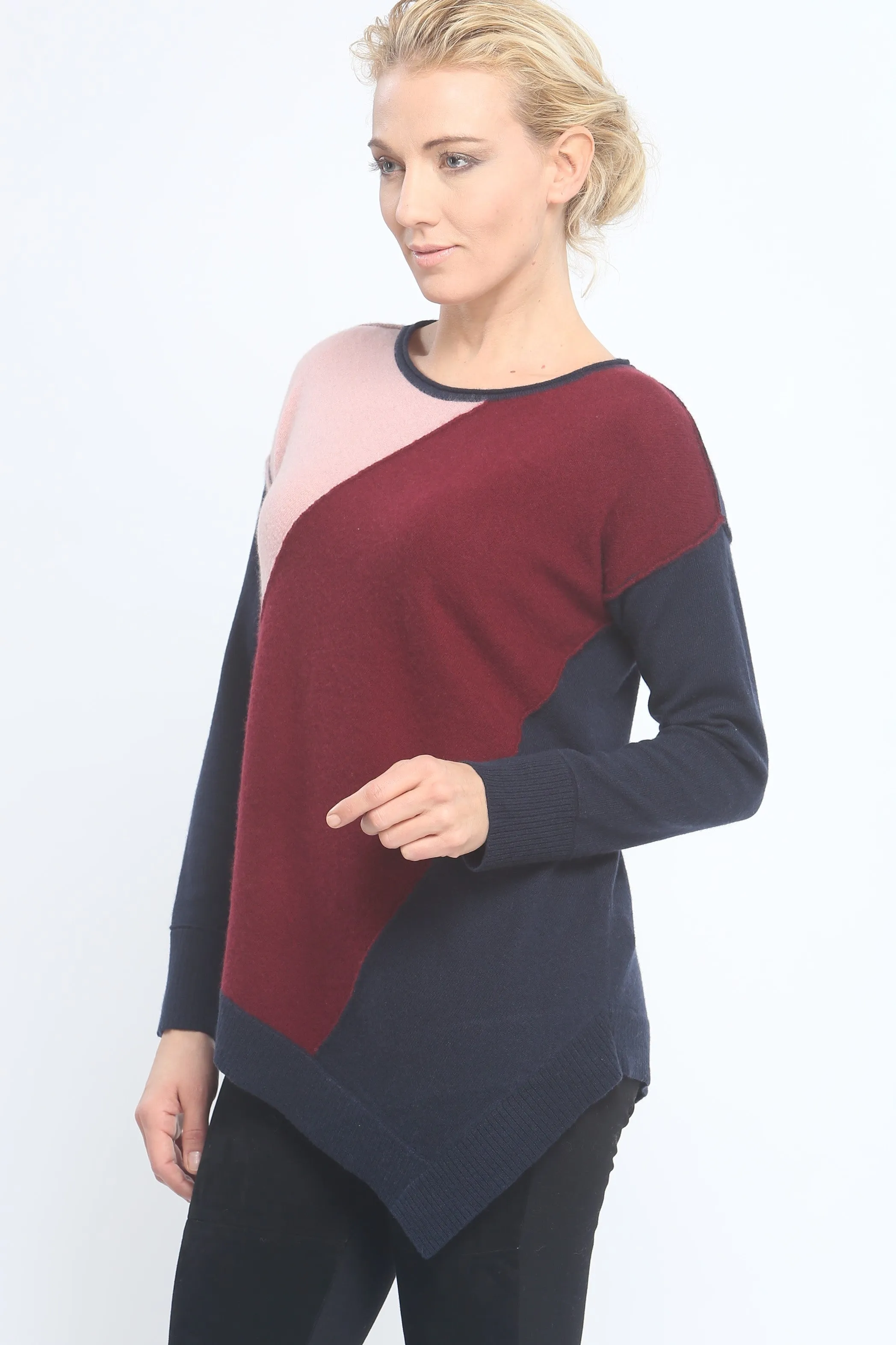 Asymmetrical Color Block Crewneck Sweater in Mongolia Cashmere