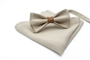 Beige Groomsmen Bow Tie & Optional Pocket Square/Suspender Set - Linen Wedding Accessories - Handcrafted Formal Wear