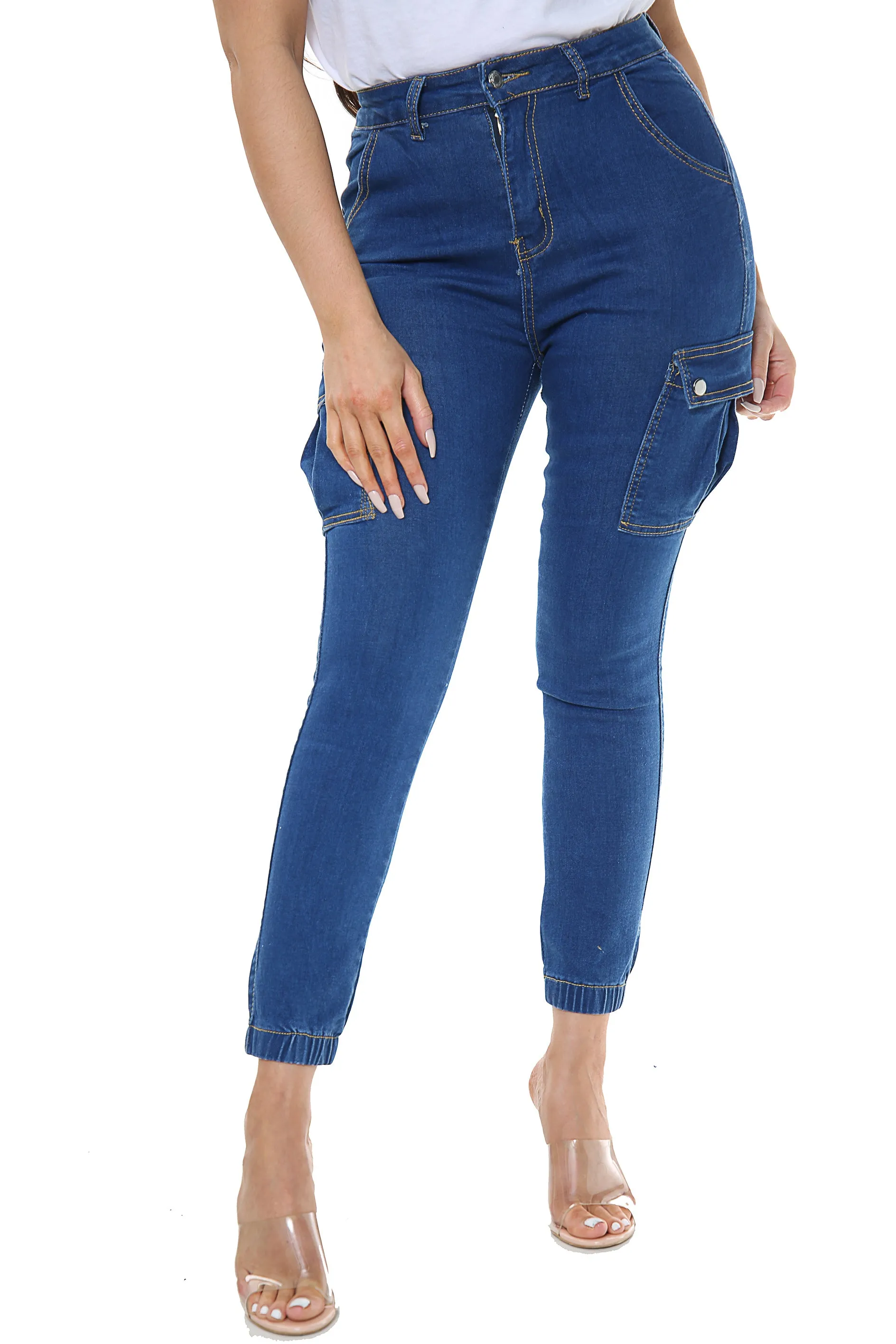 Blue Ladies High waisted Cargo Jeans