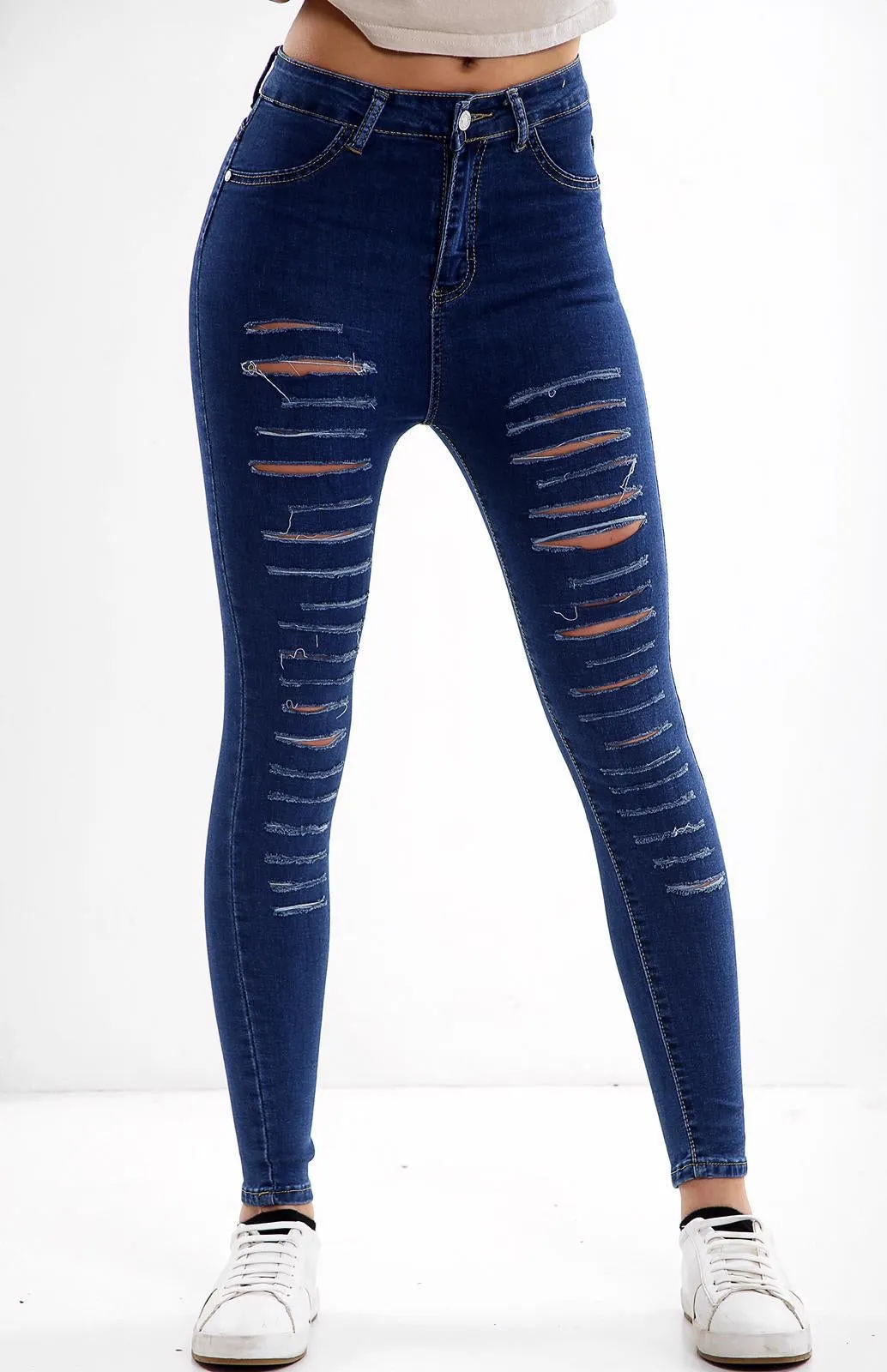 Blue Ladies High waisted multi cut  jeans