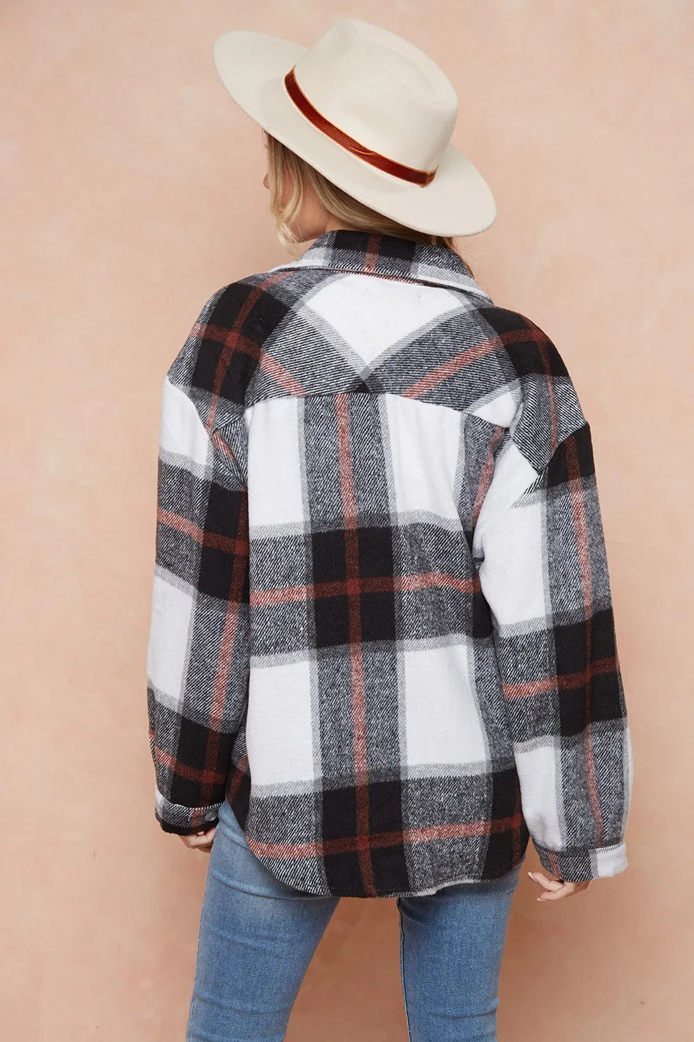 Brushed Flannel Plaid Lapel Button Down Shacket Shirt Jacket