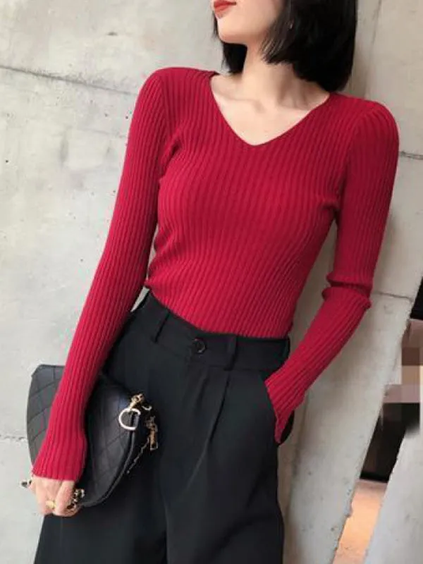 Casual Skinny Long Sleeves Solid Color V-Neck Pullovers