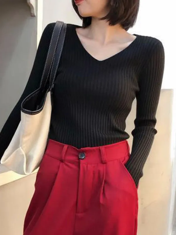 Casual Skinny Long Sleeves Solid Color V-Neck Pullovers