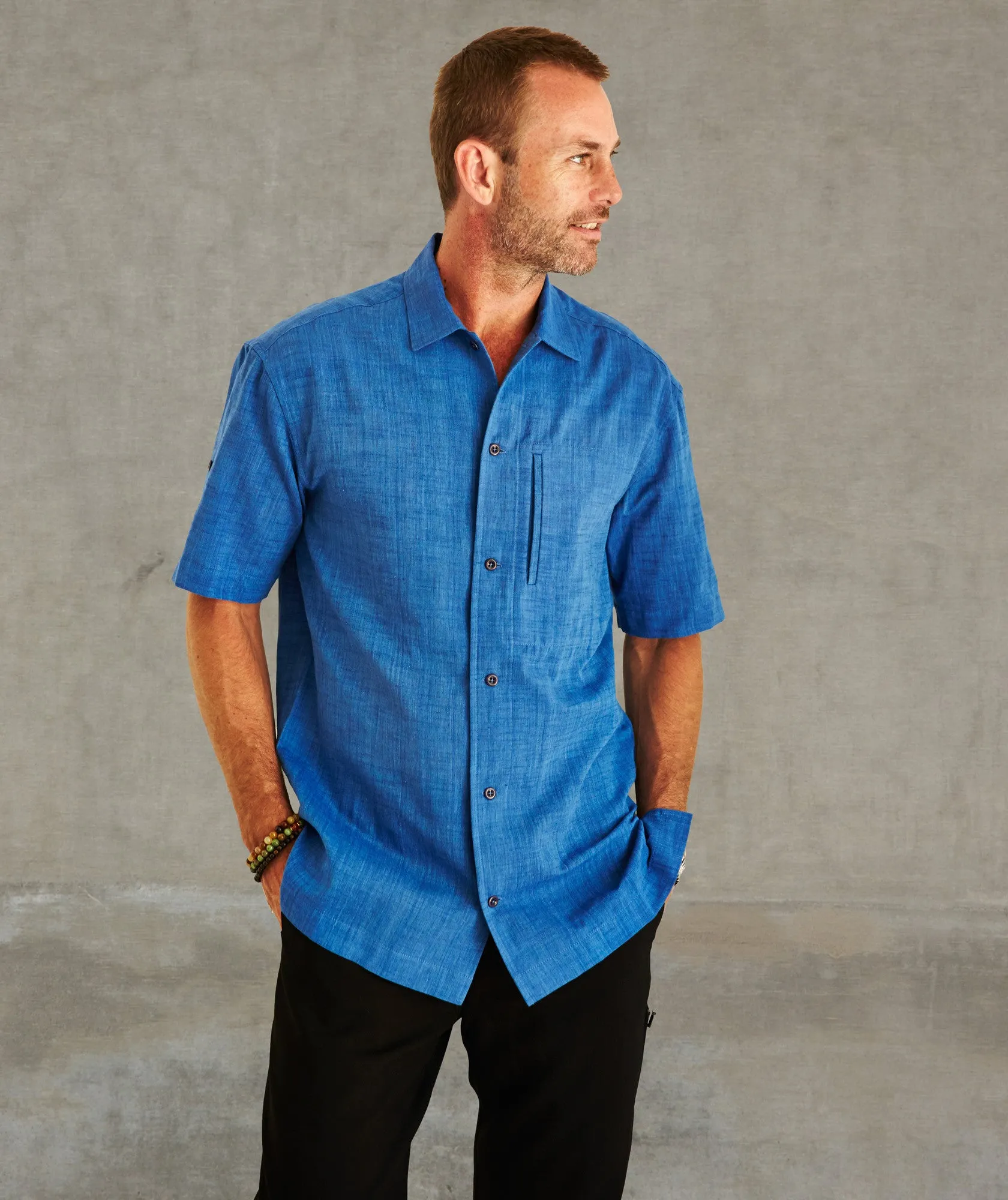 Convertible Short-Sleeve Khadi Cotton Crosshatch Shirt