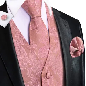 Hi-Tie Waistcoat Rose Pink Jacquard Paisley Mens Vest and Tie Set