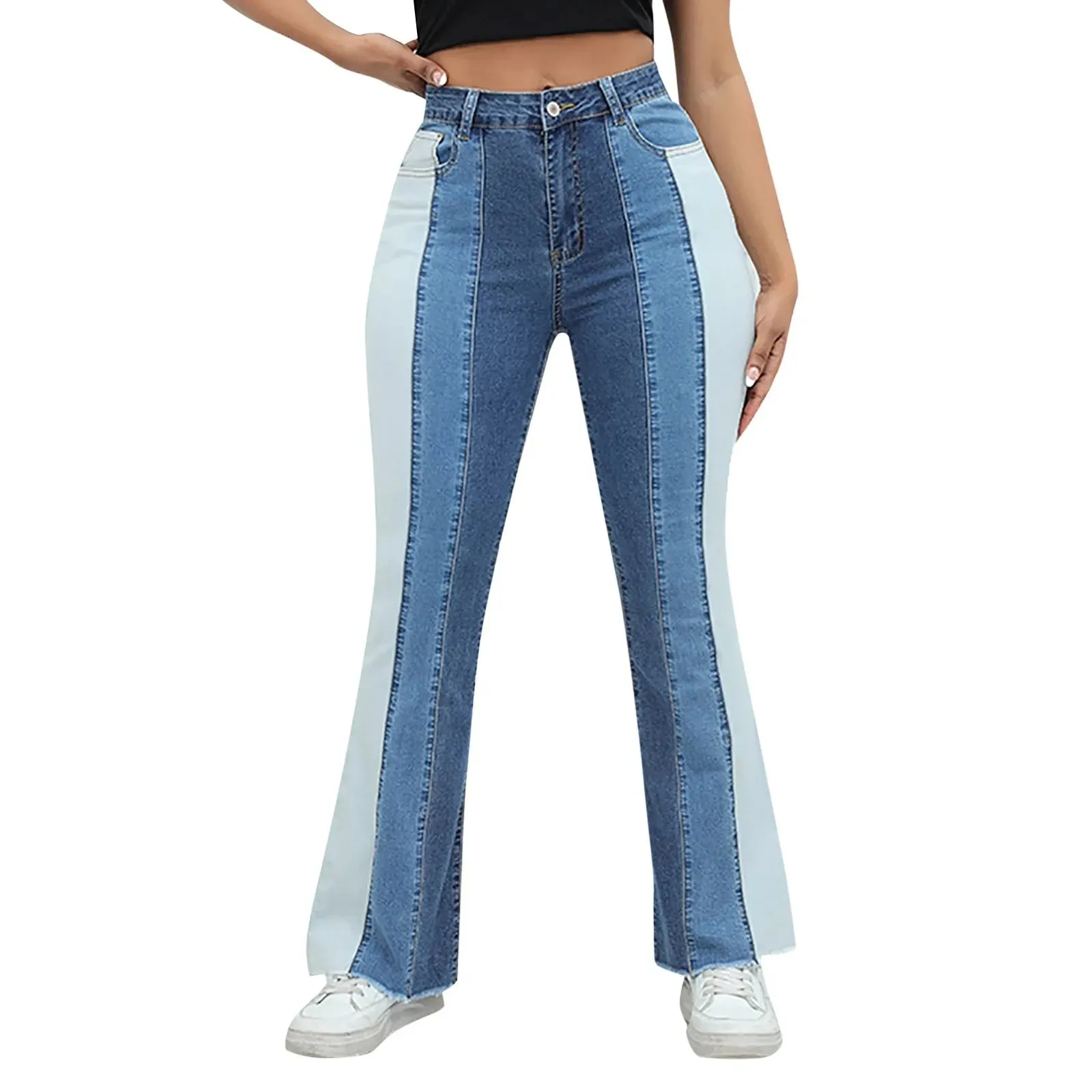 High Waisted Wide Leg Contrast Color Bell Bottom Jeans