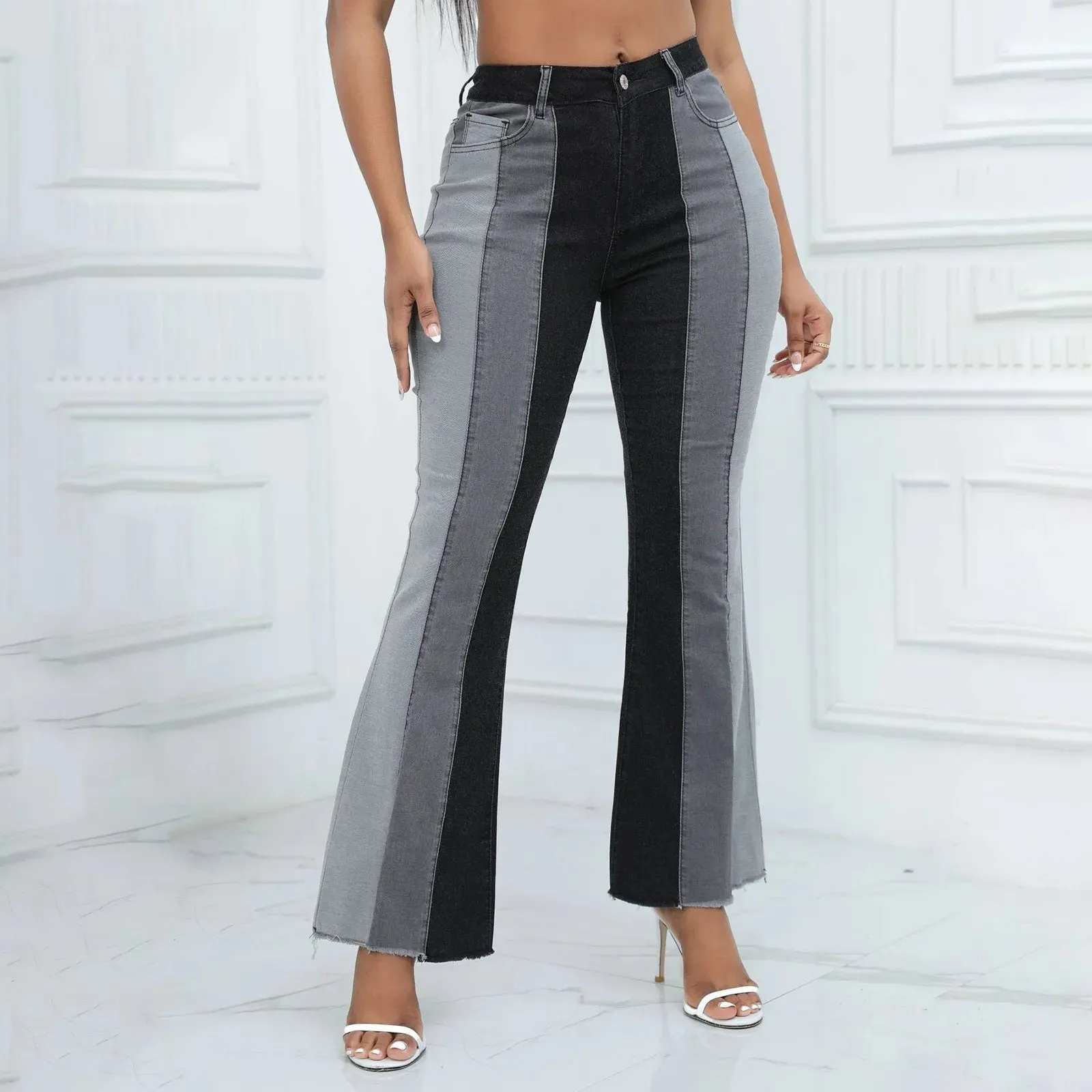 High Waisted Wide Leg Contrast Color Bell Bottom Jeans