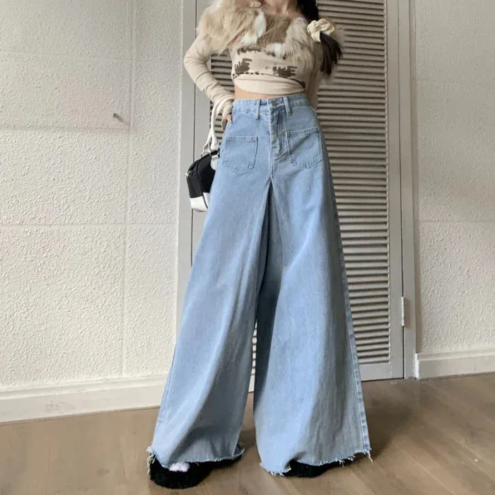 High-Waisted Wide-Legged Trousers Female New Burlap Design Versatile Thin Skirt Jeans