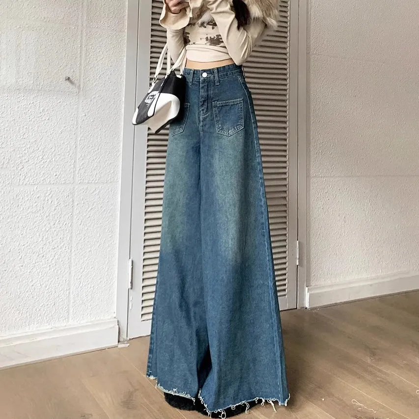 High-Waisted Wide-Legged Trousers Female New Burlap Design Versatile Thin Skirt Jeans