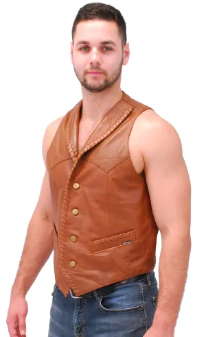 Light Brown Vintage Waxy Lambskin Western Whip Stitch Vest #VM2061WN ()