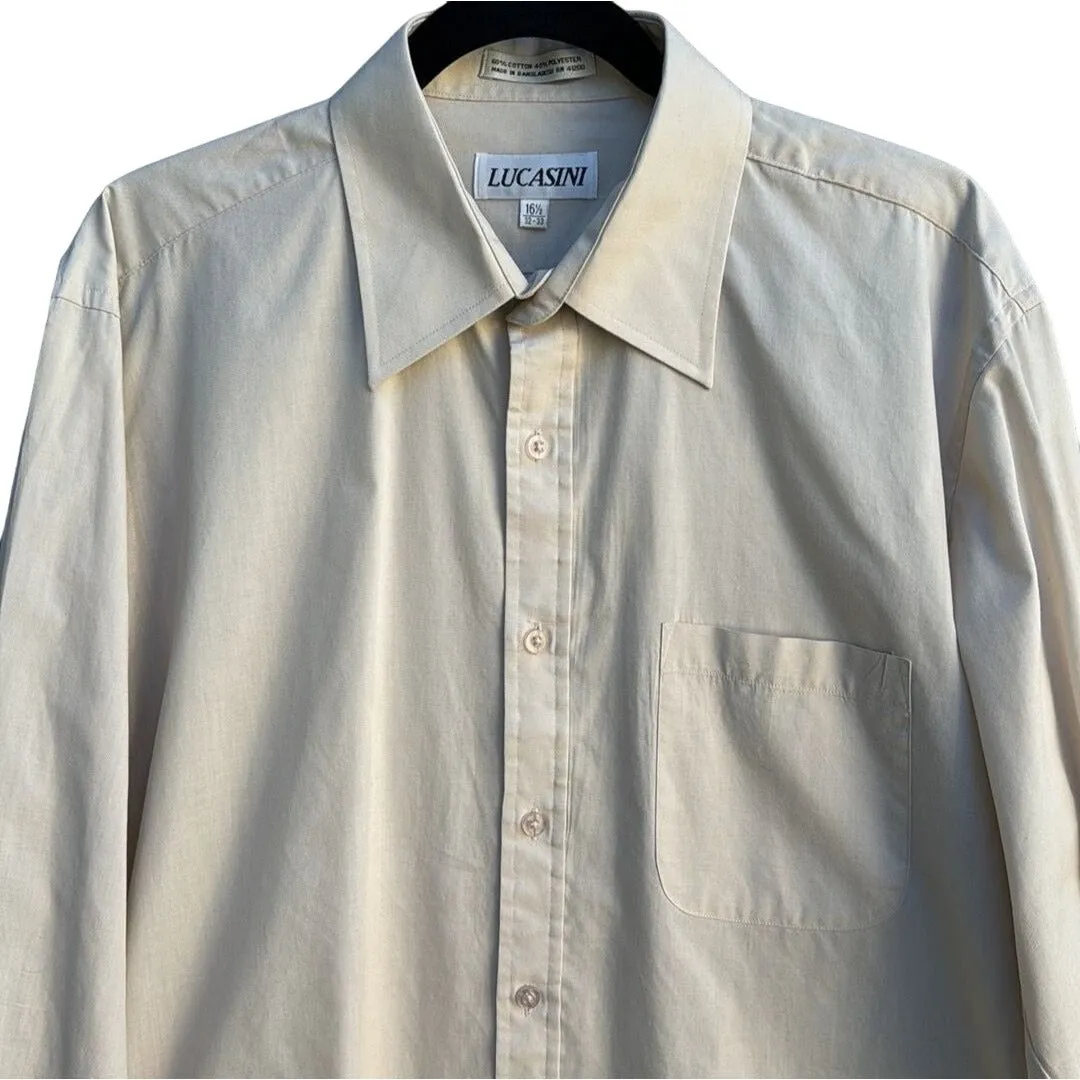 Lucasini Men's Beige Button Down Cotton Blend Long Sleeve Dress Shirt 16" Collar