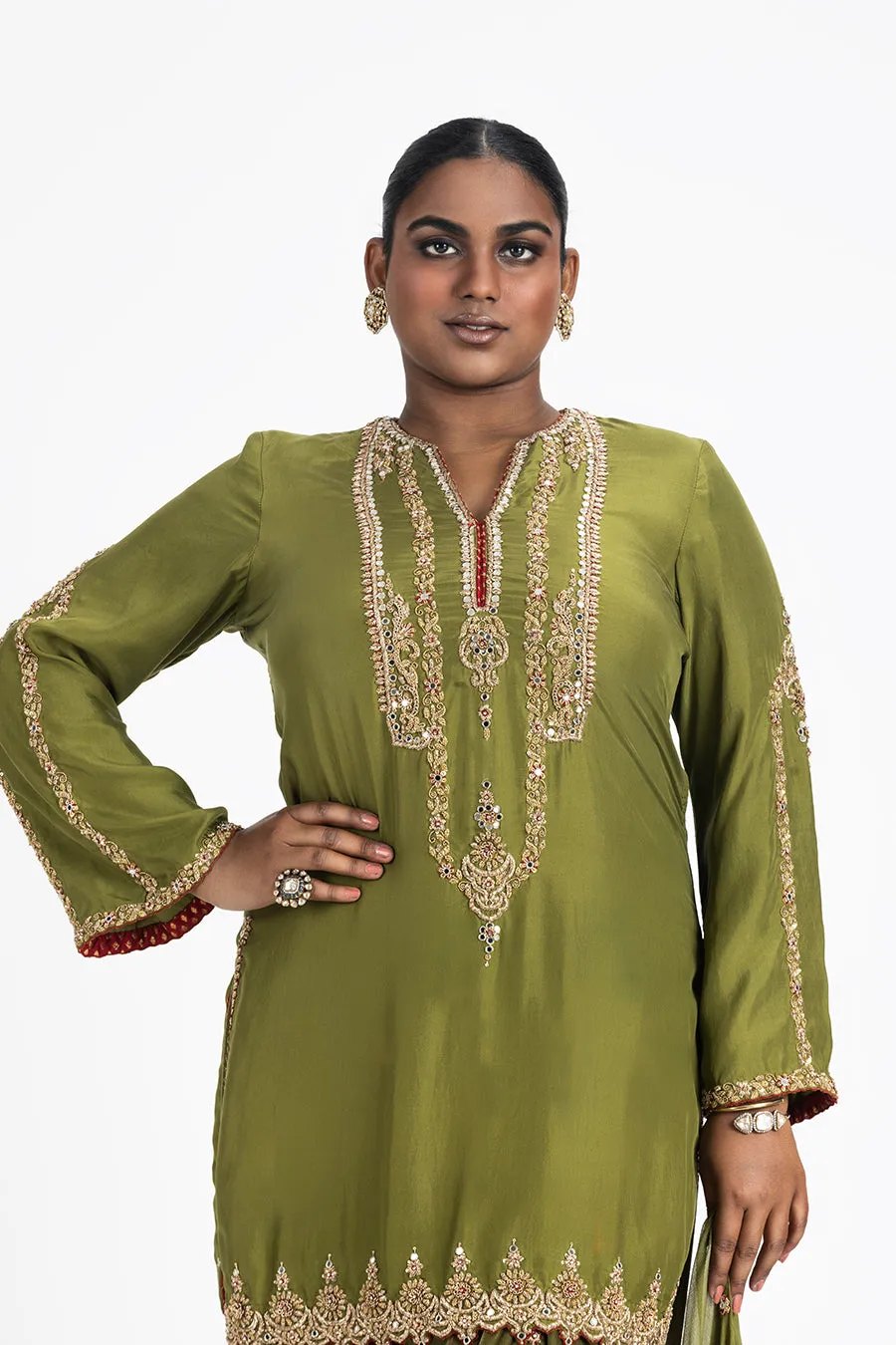 MEHENDI GREEN SILK KURTA WITH VELVET SALWAR