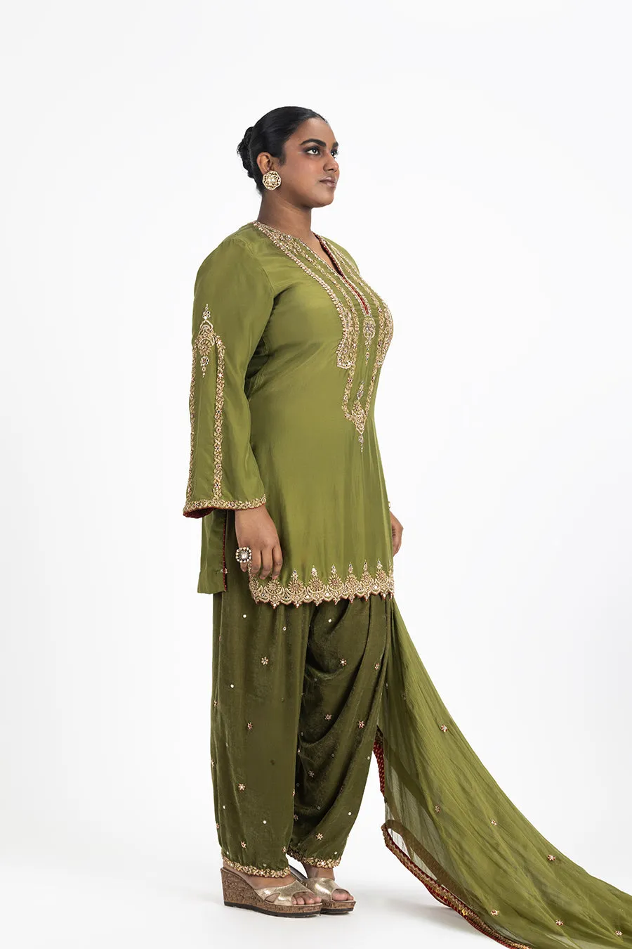 MEHENDI GREEN SILK KURTA WITH VELVET SALWAR