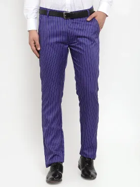 Men'S Blue Cotton Striped Formal Trousers