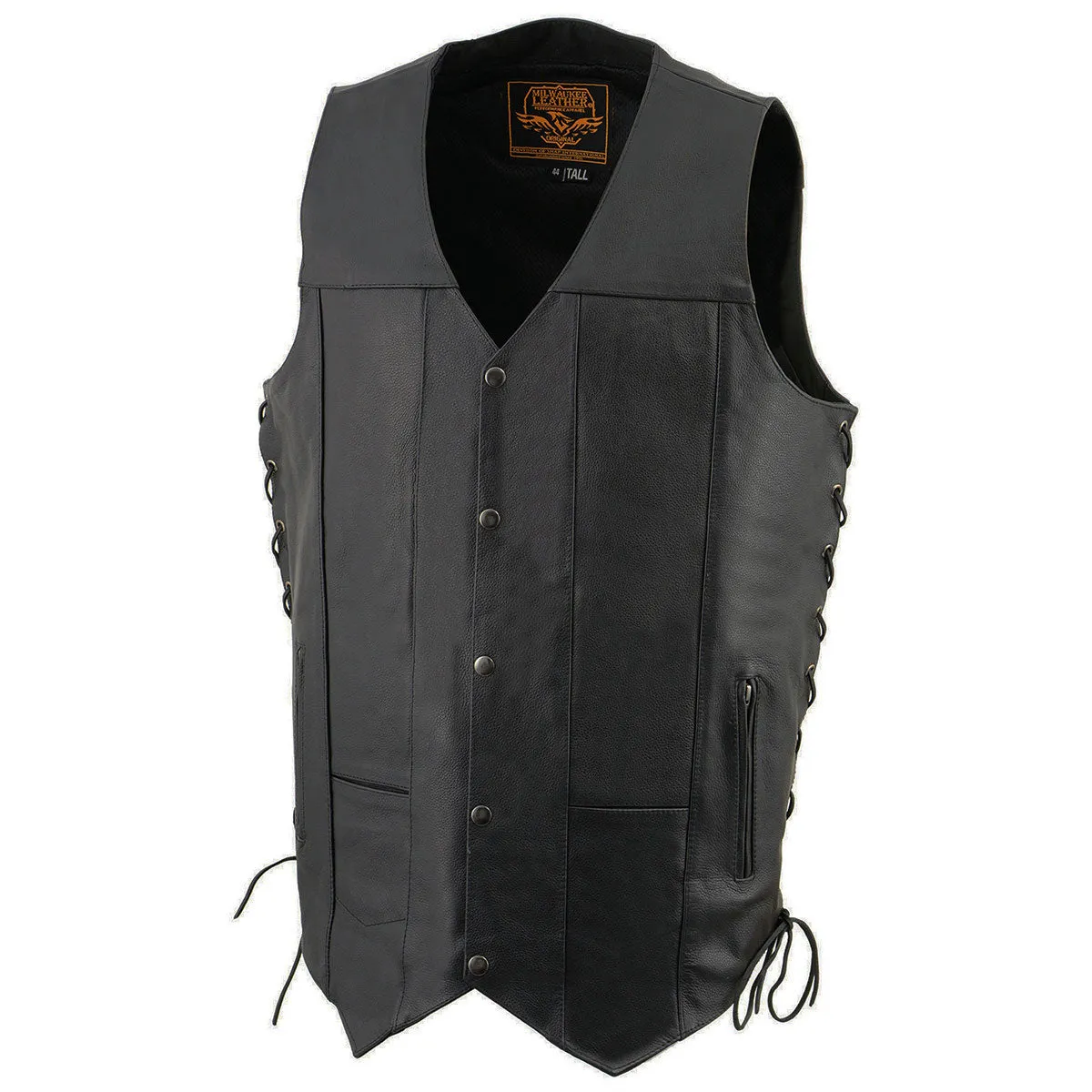 Milwaukee Leather SH1392Tall Men's Black Leather 10 Pocket V-Neck Side Lace Motorcycle Rider Vest w/ Snap Closure