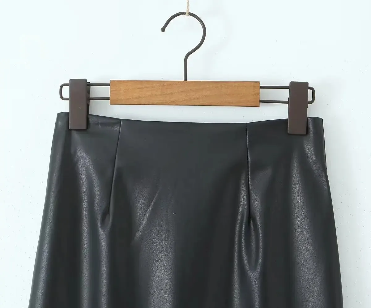 Pre Order:  Black Faux Leather Back Split Skirt