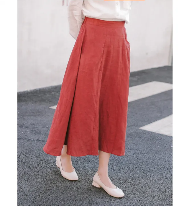 Red Women's Skirts Summer Linen Skirt Elastic Waist SJ09755