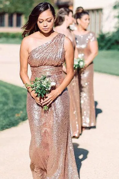 Rose Gold Sparkly Bridesmaid Dresses Sequins Lace One Shoulder  BD096