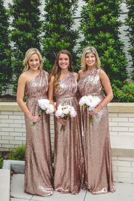 Rose Gold Sparkly Bridesmaid Dresses Sequins Lace One Shoulder  BD096