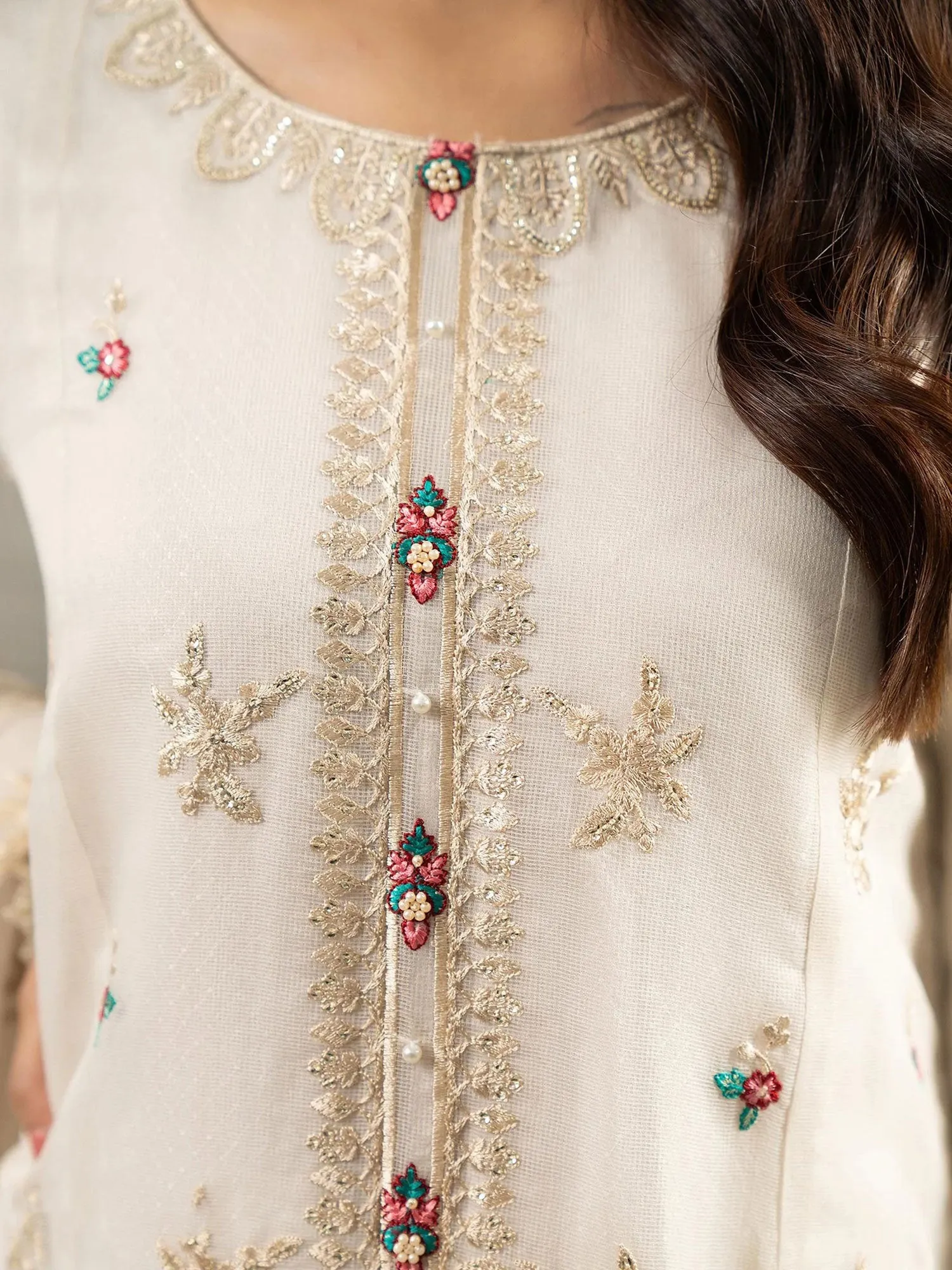 Sha Posh Embroidered Bori Net Suit - Off White