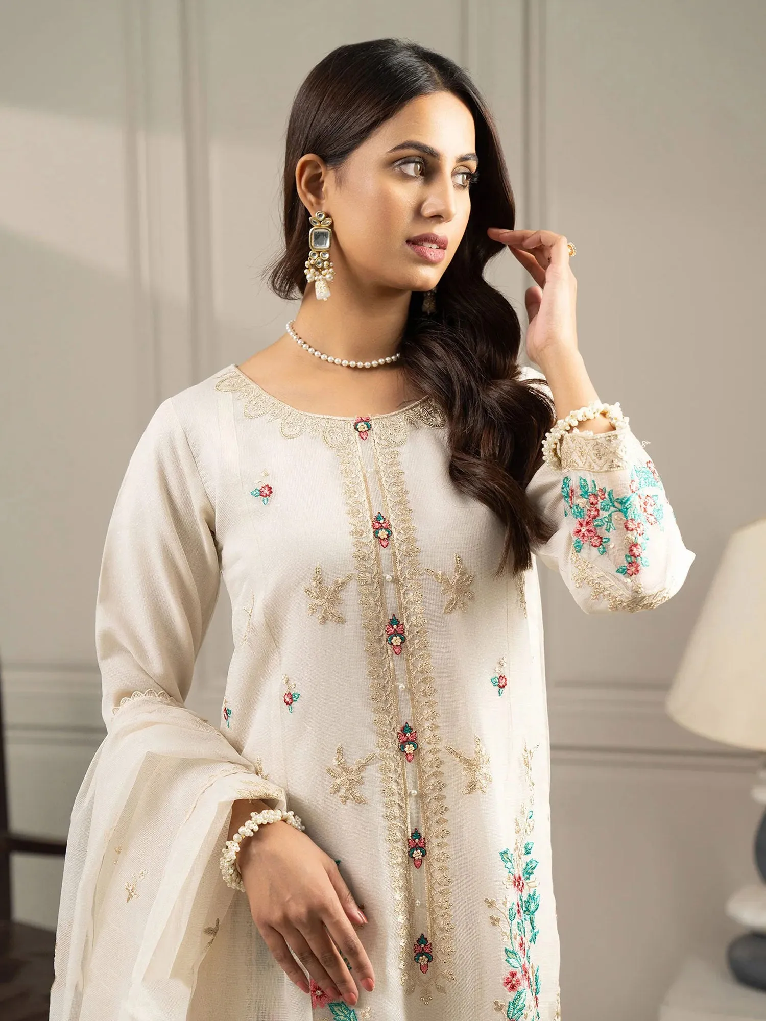 Sha Posh Embroidered Bori Net Suit - Off White