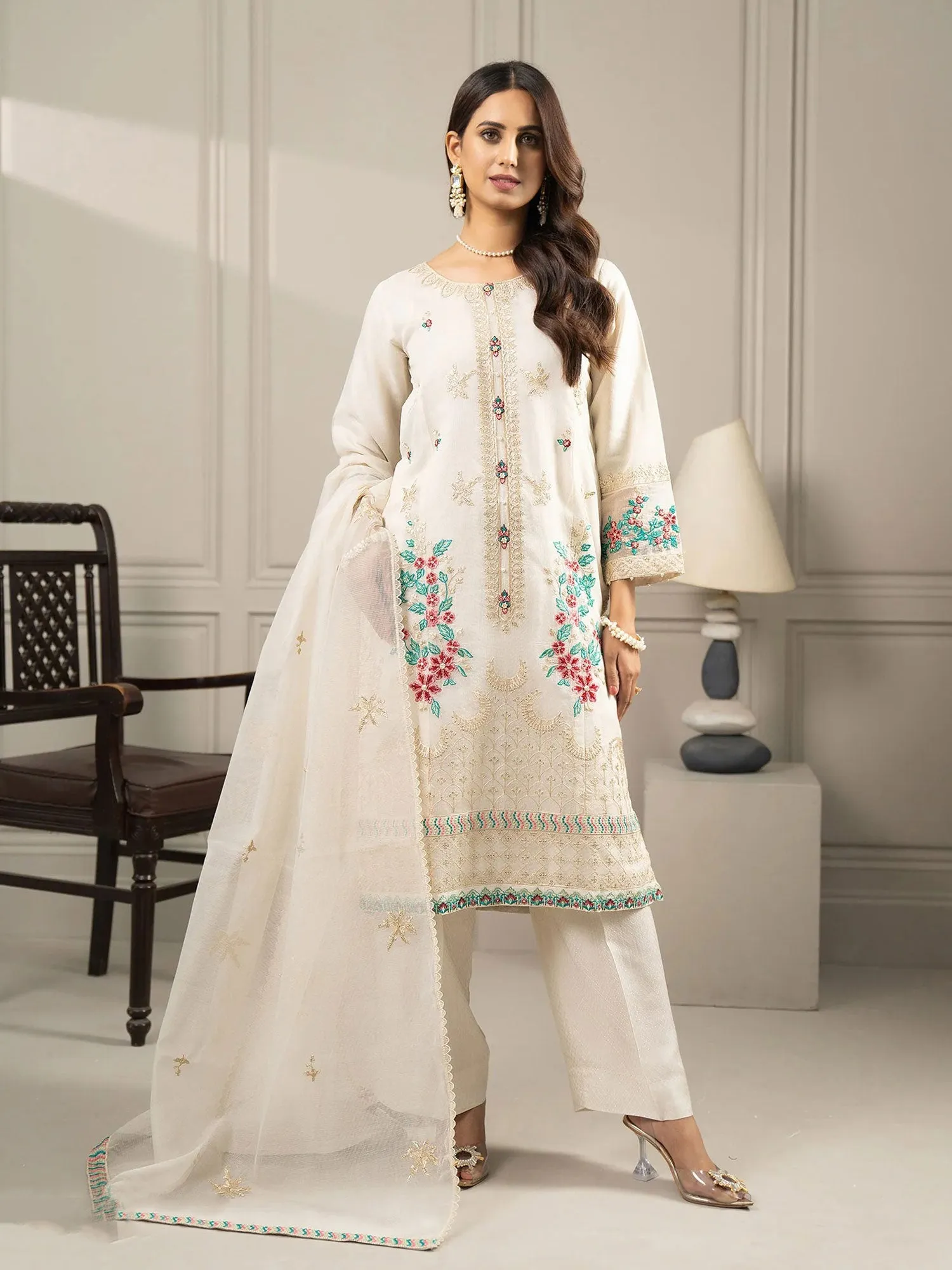 Sha Posh Embroidered Bori Net Suit - Off White