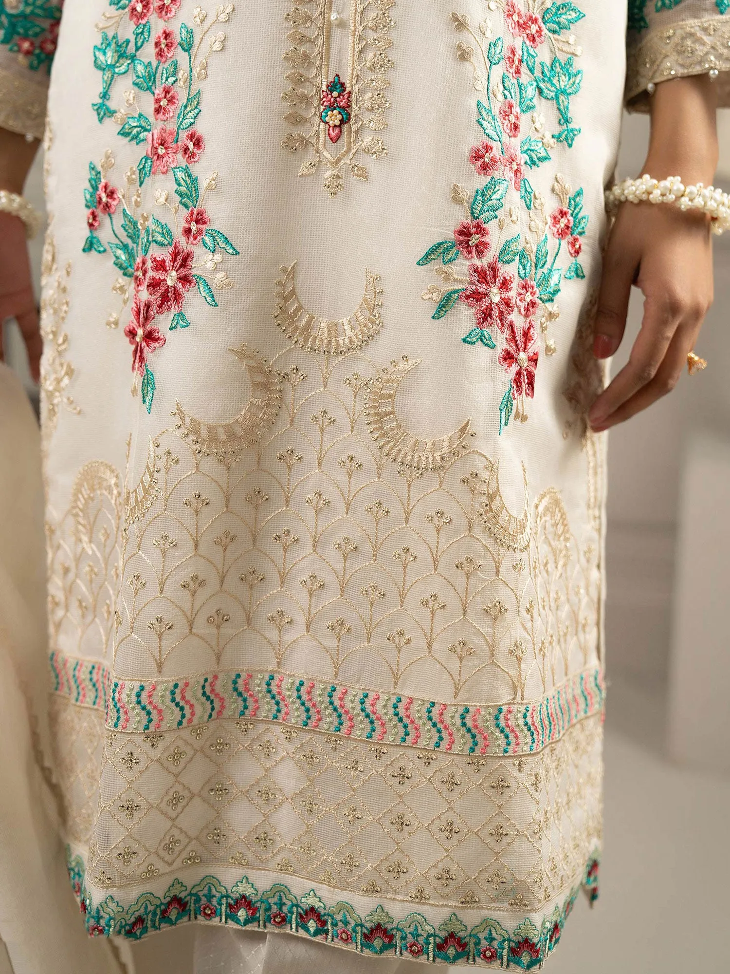 Sha Posh Embroidered Bori Net Suit - Off White