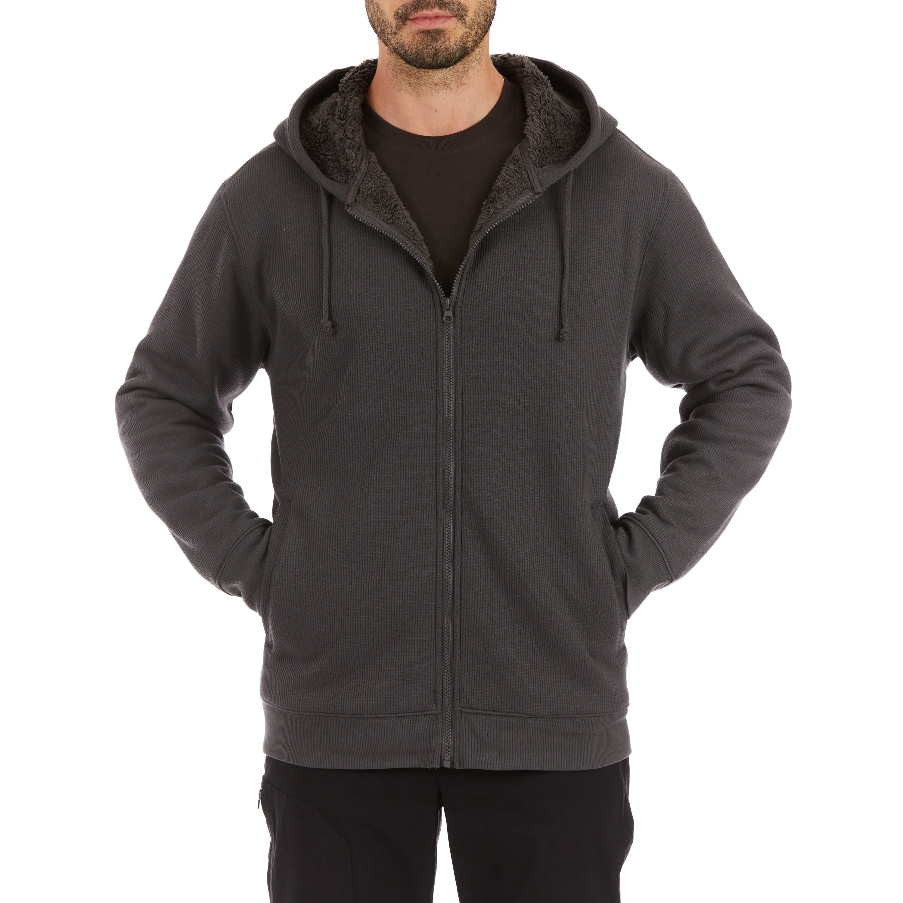 SHERPA-BONDED THERMAL KNIT HOODED JACKET