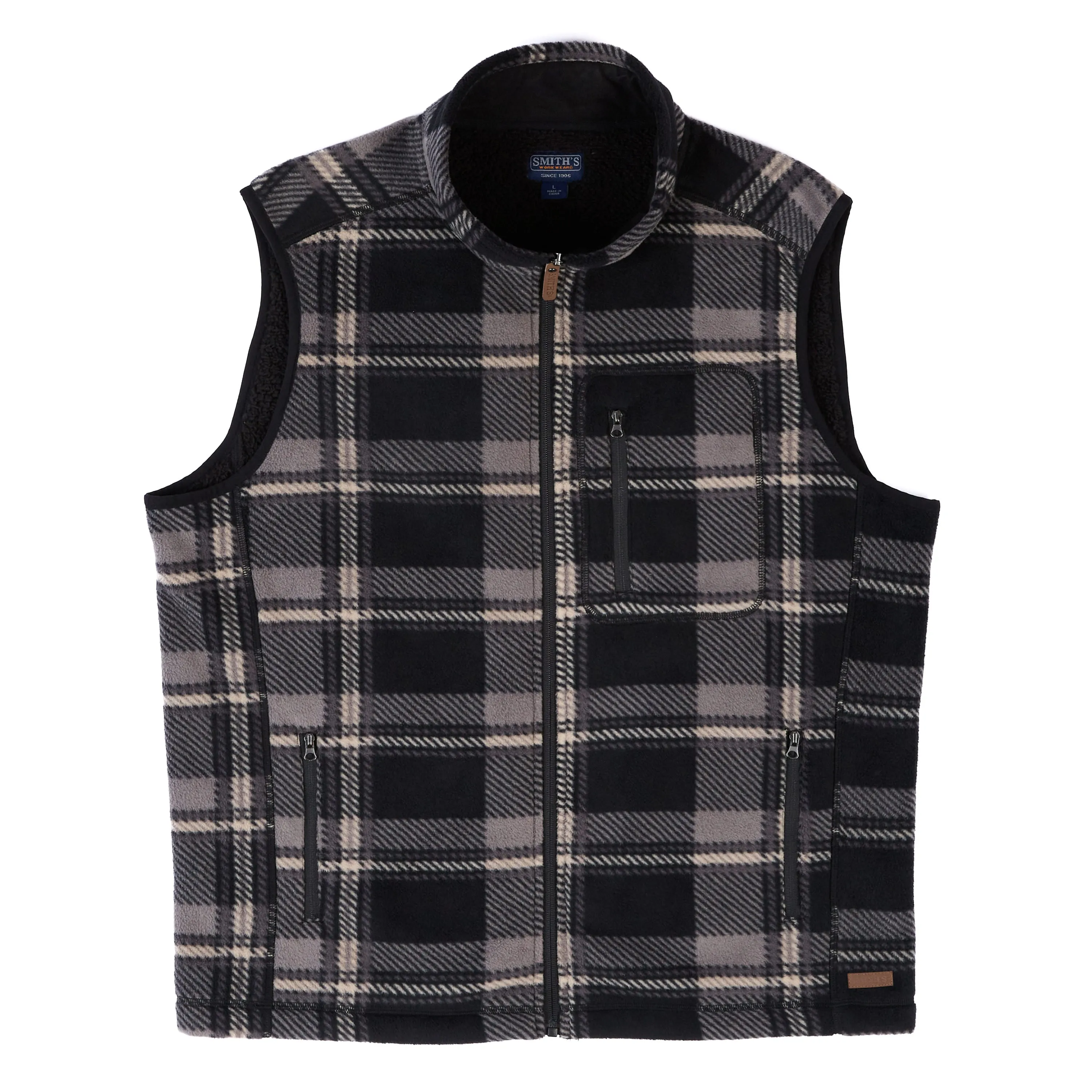 SHERPA-LINED PLAID MICRO POLARFLEECE VEST WITH ZIP POCKETS