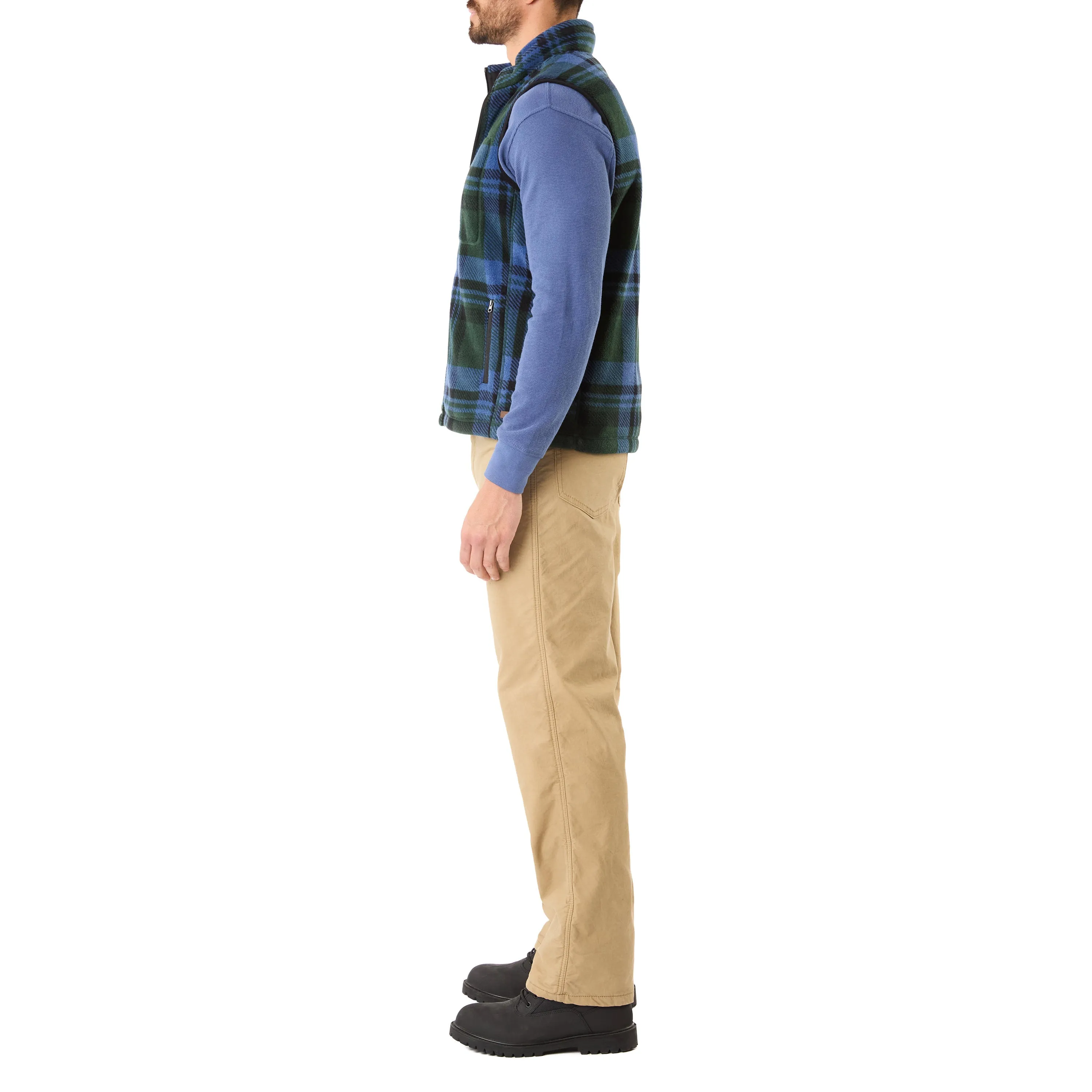 SHERPA-LINED PLAID MICRO POLARFLEECE VEST WITH ZIP POCKETS