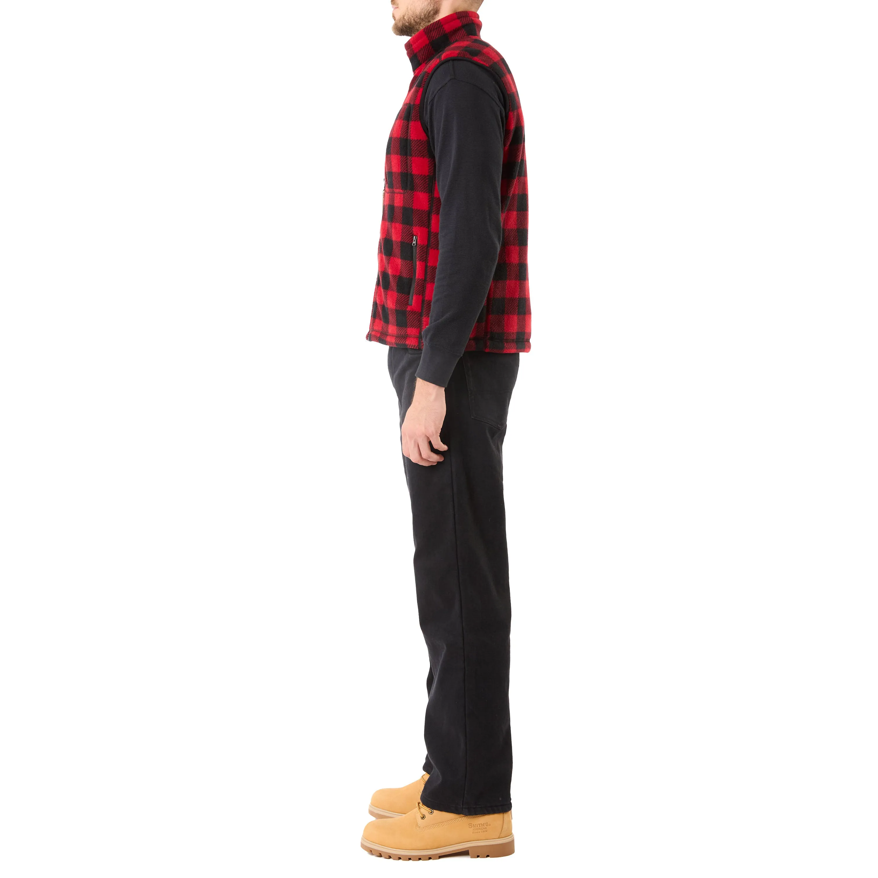 SHERPA-LINED PLAID MICRO POLARFLEECE VEST WITH ZIP POCKETS