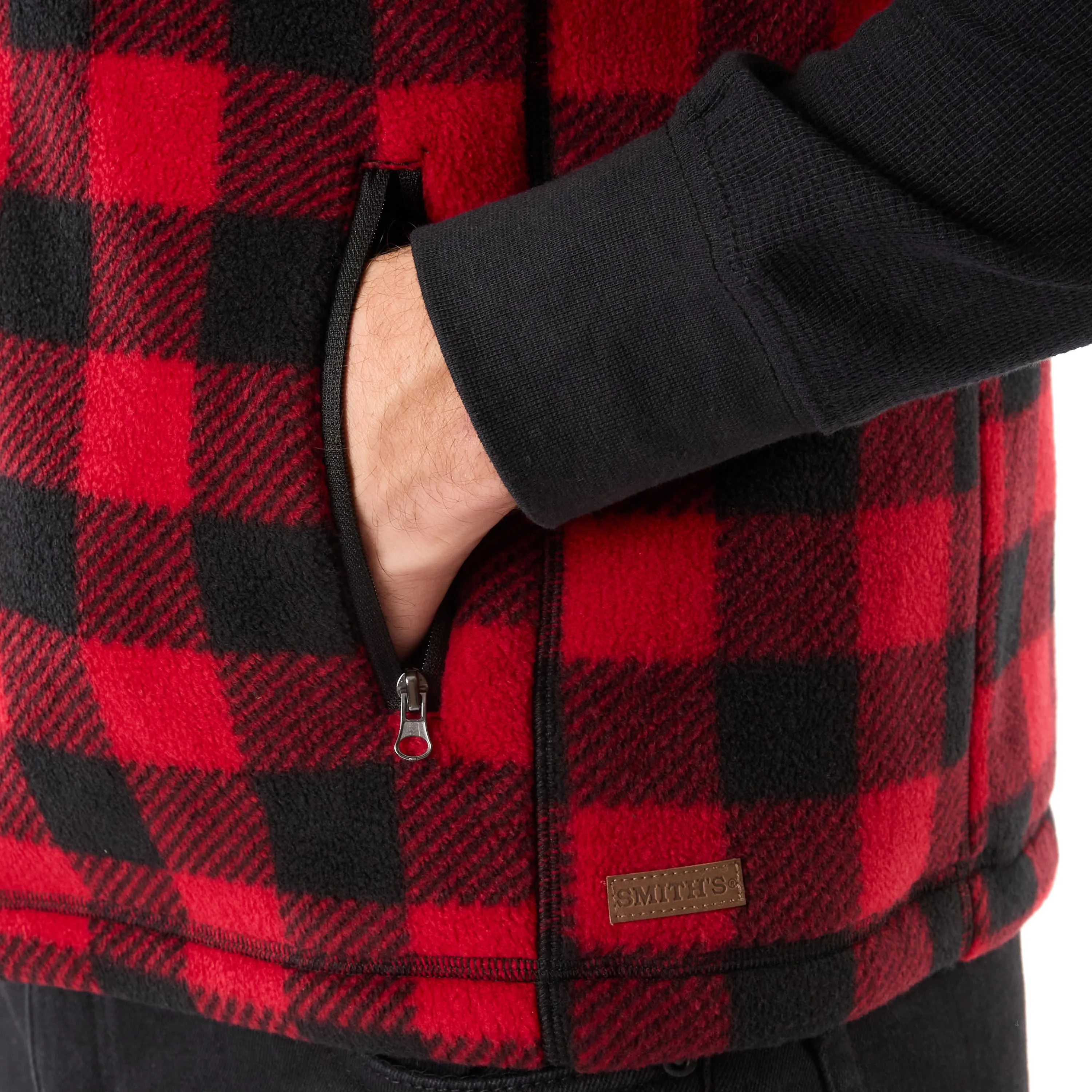 SHERPA-LINED PLAID MICRO POLARFLEECE VEST WITH ZIP POCKETS