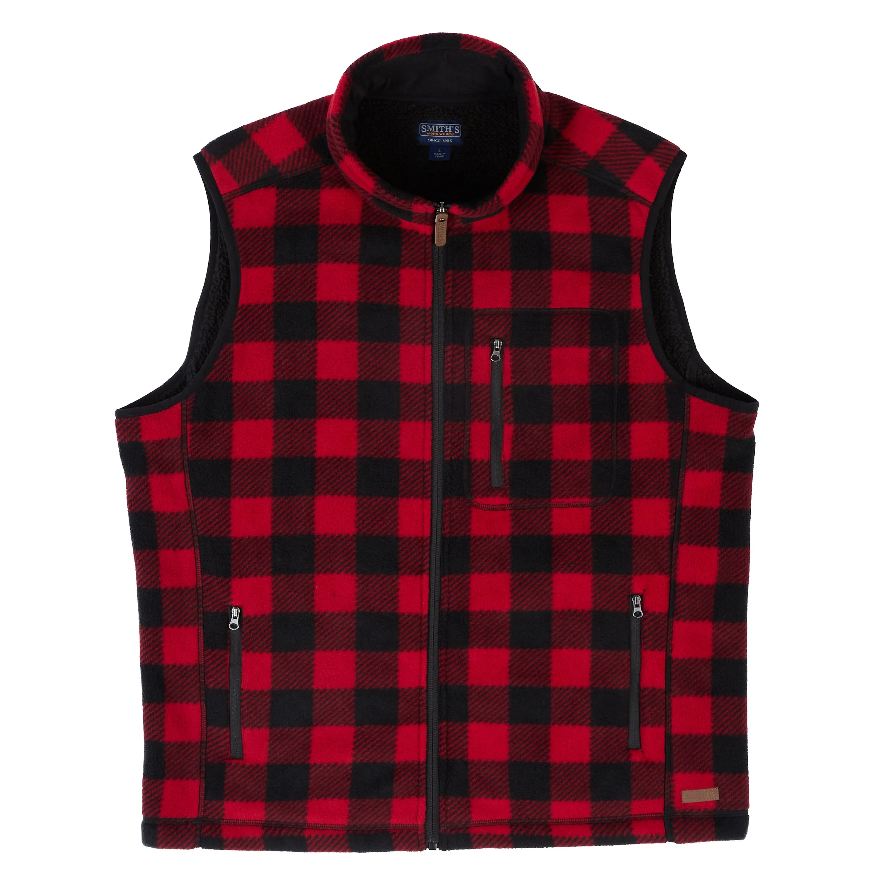 SHERPA-LINED PLAID MICRO POLARFLEECE VEST WITH ZIP POCKETS