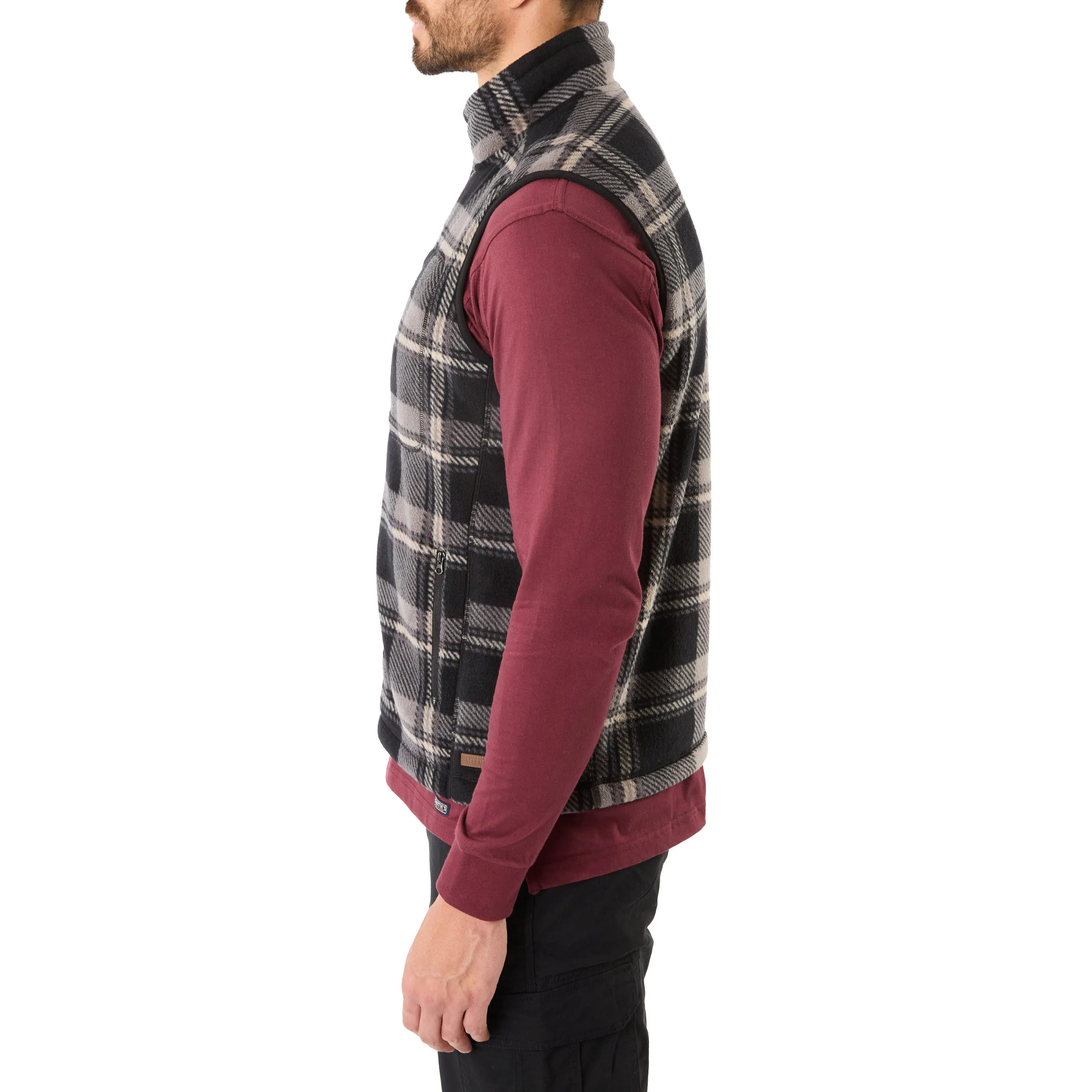 SHERPA-LINED PLAID MICRO POLARFLEECE VEST WITH ZIP POCKETS