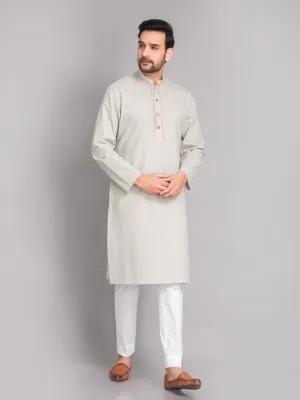 Suti mens's White Cotton Linen Neckline Embroidered Comfort Fit Long Kurta