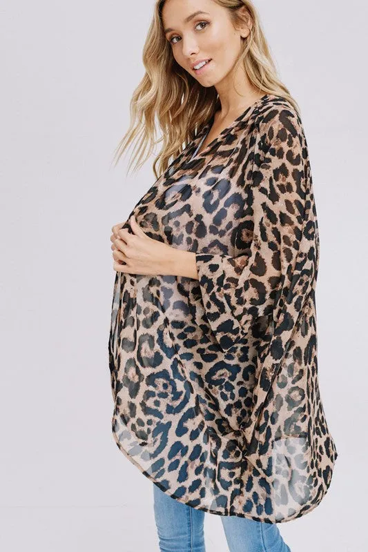 Three-quarter sleeve animal print chiffon kimono cardigan