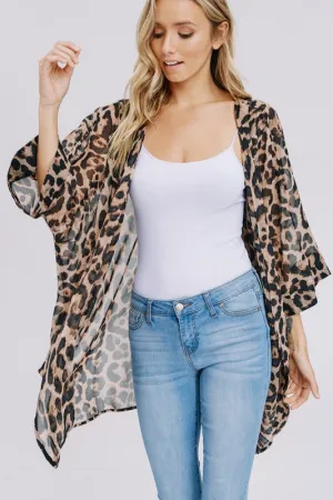 Three-quarter sleeve animal print chiffon kimono cardigan