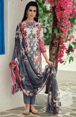 Unstitched Lawn Cotton Pakistani Grey Suit Dress material