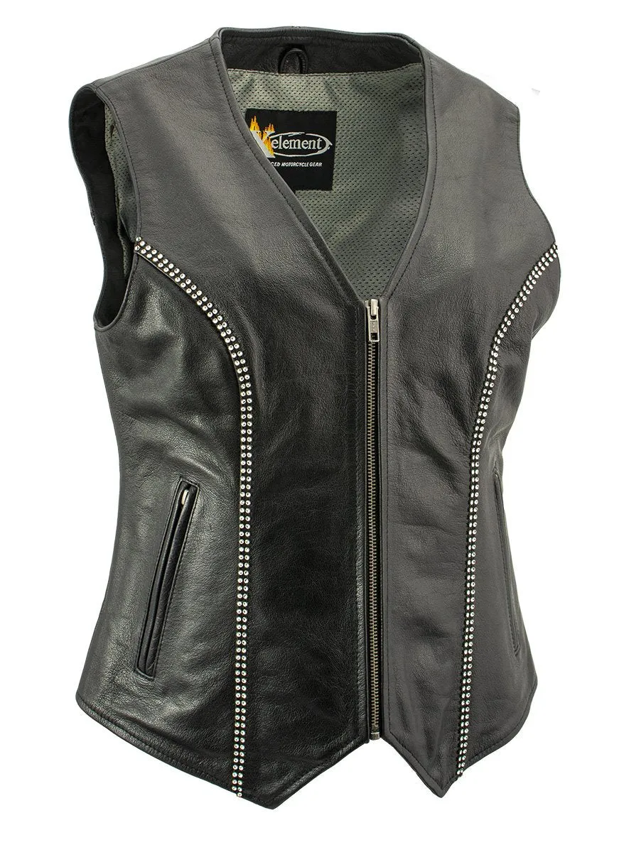 Xelement XS24002 Women's 'Bling' Black Leather V-Neck Motorcycle Rider Vest with Rhinestone Bling Detail