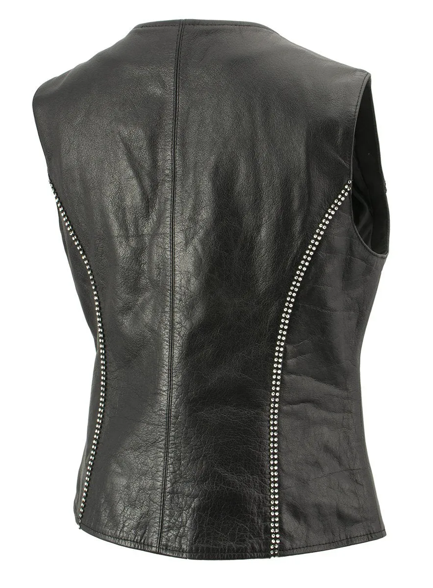 Xelement XS24002 Women's 'Bling' Black Leather V-Neck Motorcycle Rider Vest with Rhinestone Bling Detail